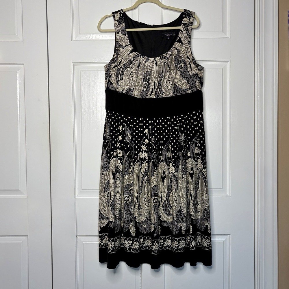 R&M Richards Dress Womens 16W Paisley Polka Dot Empire Waist Sleeveless Black